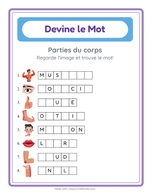 Aperçu de la fiche Devine Le Mot avec Parties du corps pour École maternelle (grande section, 5-7 ans)