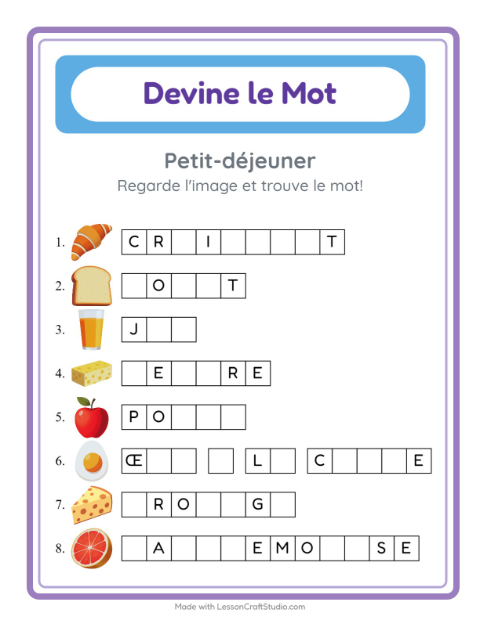 Aperçu de la fiche Devine Le Mot avec Petit-déjeuner pour École maternelle (grande section, 5-7 ans)