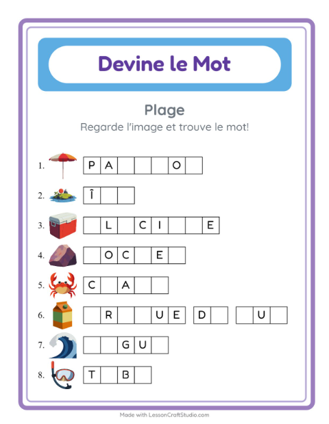 Aperçu de la fiche Devine Le Mot avec Plage pour École maternelle (grande section, 5-7 ans)
