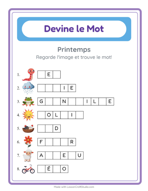 Aperçu de la fiche Devine Le Mot avec Printemps pour École maternelle (grande section, 5-7 ans)