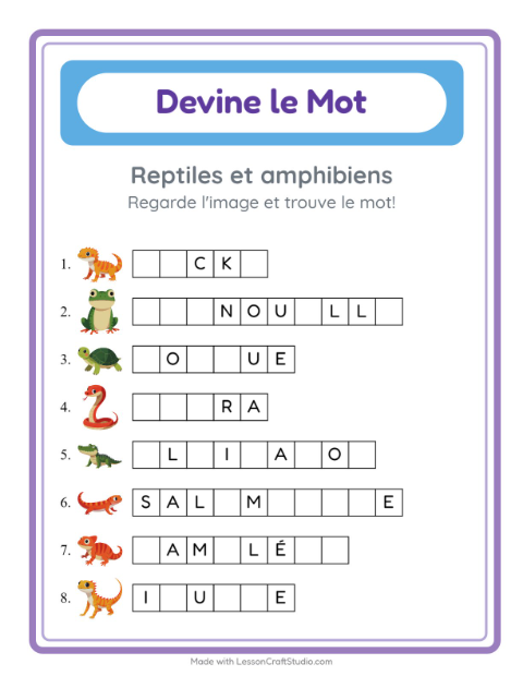 Aperçu de la fiche Devine Le Mot avec Reptiles et amphibiens pour École maternelle (grande section, 5-7 ans)