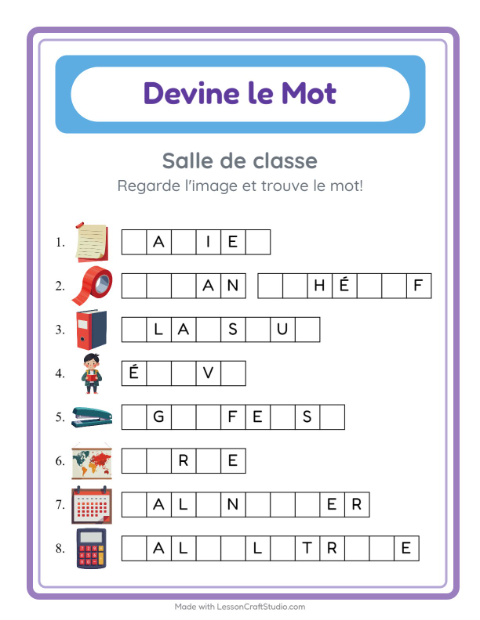 Aperçu de la fiche Devine Le Mot avec Salle de classe pour École maternelle (grande section, 5-7 ans)