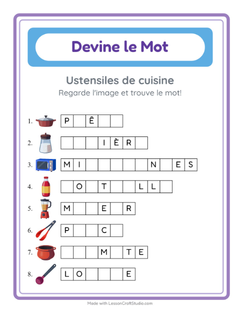 Aperçu de la fiche Devine Le Mot avec Ustensiles de cuisine pour École maternelle (grande section, 5-7 ans)