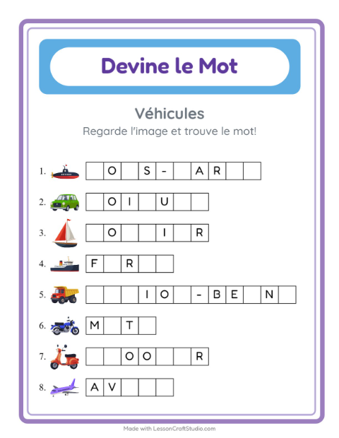 Aperçu de la fiche Devine Le Mot avec Véhicules pour École maternelle (grande section, 5-7 ans)