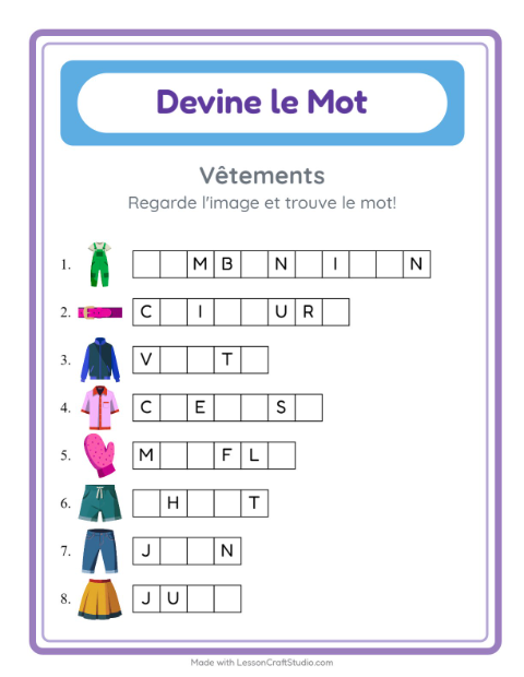 Aperçu de la fiche Devine Le Mot avec Vêtements pour École maternelle (grande section, 5-7 ans)
