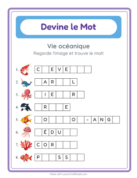 Lettres manquantes – Vie océanique