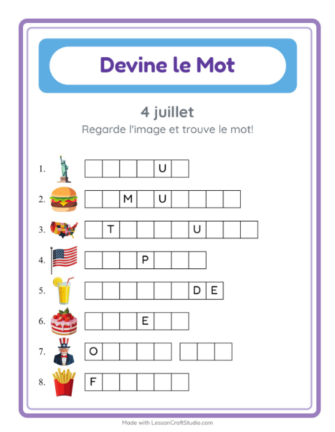 Aperçu de la fiche Devine Le Mot avec 4 juillet pour École maternelle (grande section, 5-7 ans)