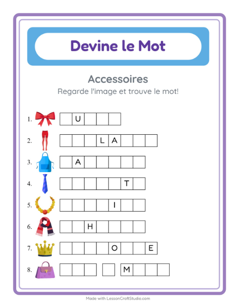 Aperçu de la fiche Devine Le Mot avec Accessoires pour École maternelle (grande section, 5-7 ans)
