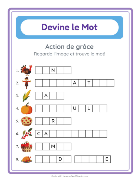 Aperçu de la fiche Devine Le Mot avec Action de grâce pour École maternelle (grande section, 5-7 ans)