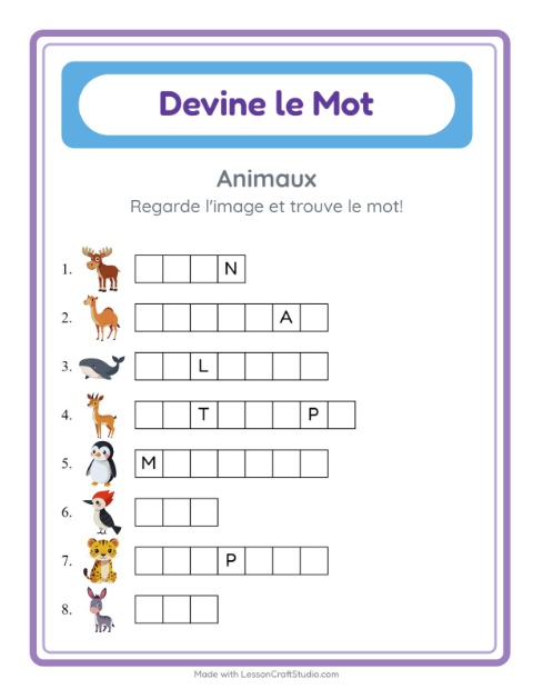 Aperçu de la fiche Devine Le Mot avec Animaux pour École maternelle (grande section, 5-7 ans)