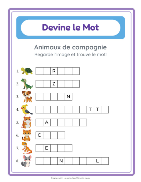 Aperçu de la fiche Devine Le Mot avec Animaux de compagnie pour École maternelle (grande section, 5-7 ans)