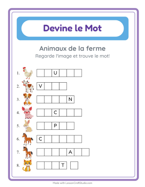 Aperçu de la fiche Devine Le Mot avec Animaux de la ferme pour École maternelle (grande section, 5-7 ans)