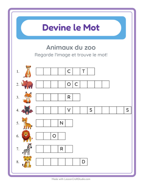 Aperçu de la fiche Devine Le Mot avec Animaux du zoo pour École maternelle (grande section, 5-7 ans)