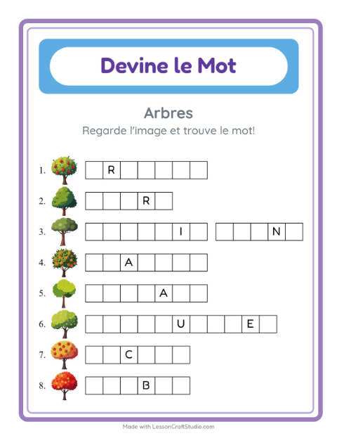 Aperçu de la fiche Devine Le Mot avec Arbres pour École maternelle (grande section, 5-7 ans)