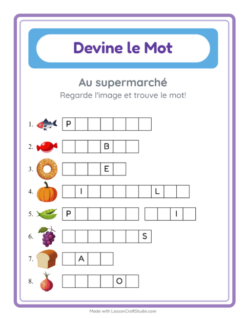 Aperçu de la fiche Devine Le Mot avec Au supermarché pour École maternelle (grande section, 5-7 ans)