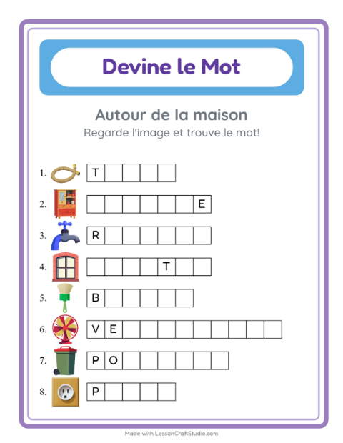 Aperçu de la fiche Devine Le Mot avec Autour de la maison pour École maternelle (grande section, 5-7 ans)