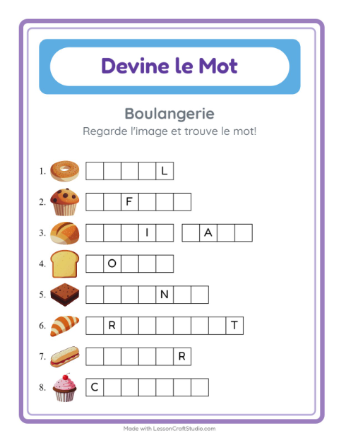 Aperçu de la fiche Devine Le Mot avec Boulangerie pour École maternelle (grande section, 5-7 ans)