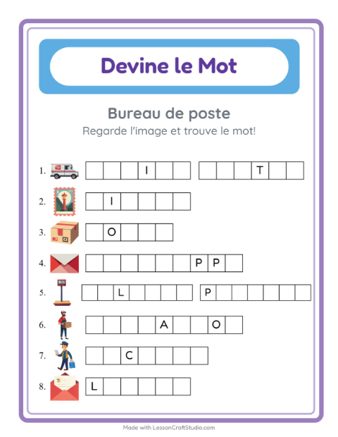 Aperçu de la fiche Devine Le Mot avec Bureau de poste pour École maternelle (grande section, 5-7 ans)