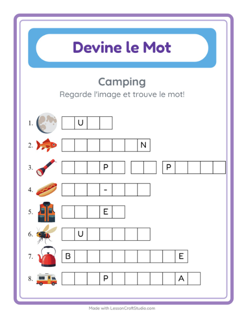 Aperçu de la fiche Devine Le Mot avec Camping pour École maternelle (grande section, 5-7 ans)