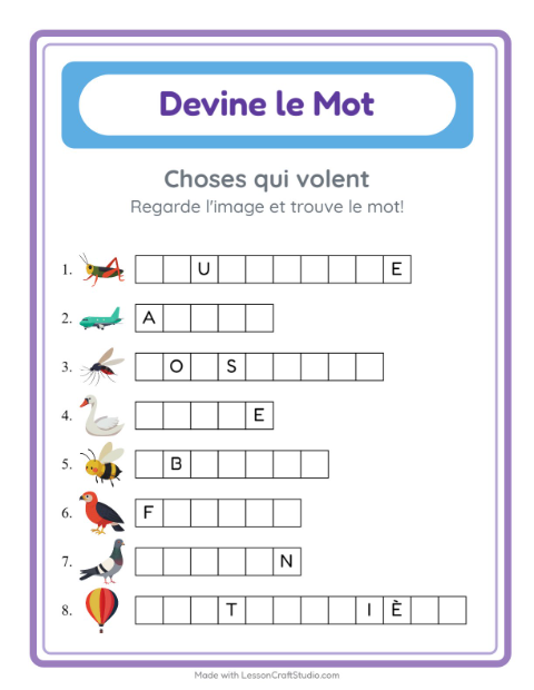 Aperçu de la fiche Devine Le Mot avec Choses qui volent pour École maternelle (grande section, 5-7 ans)
