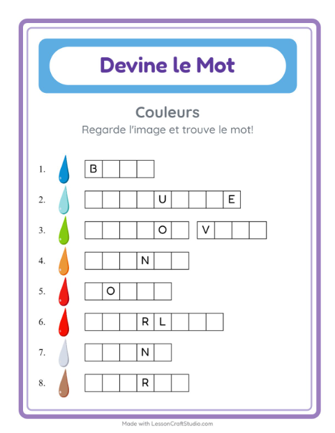 Aperçu de la fiche Devine Le Mot avec Couleurs pour École maternelle (grande section, 5-7 ans)