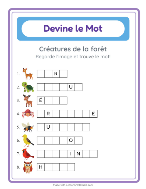 Aperçu de la fiche Devine Le Mot avec Créatures de la forêt pour École maternelle (grande section, 5-7 ans)