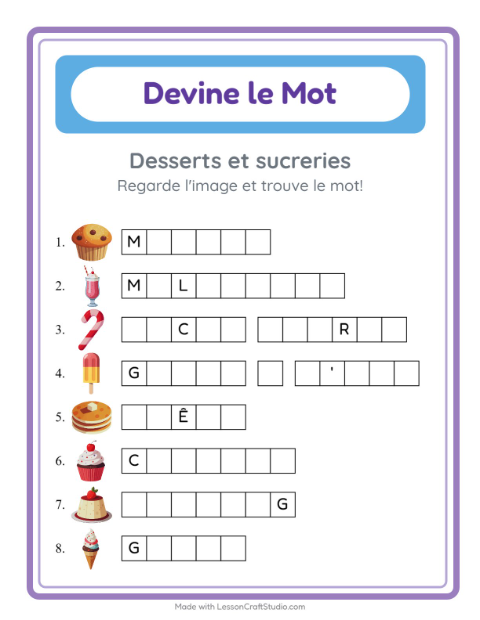 Aperçu de la fiche Devine Le Mot avec Desserts et sucreries pour École maternelle (grande section, 5-7 ans)