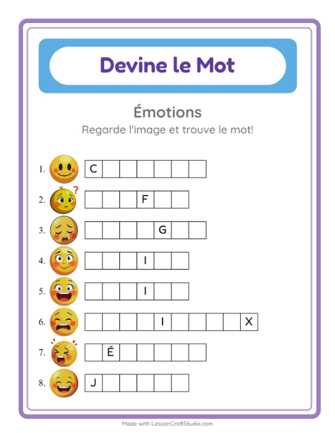 Aperçu de la fiche Devine Le Mot avec Émotions pour École maternelle (grande section, 5-7 ans)