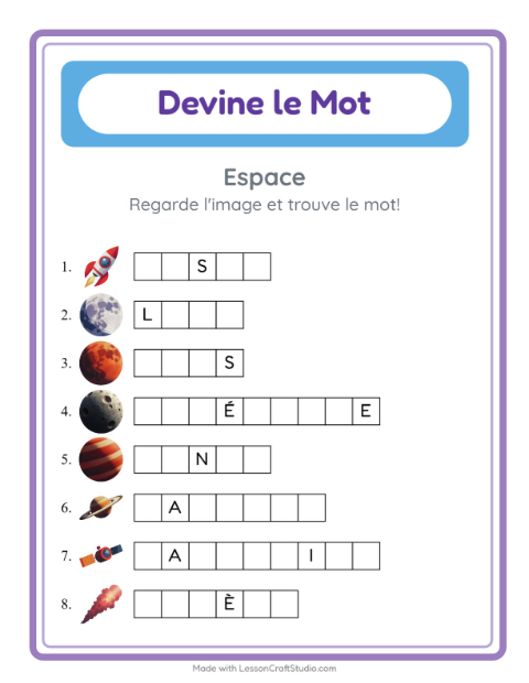 Aperçu de la fiche Devine Le Mot avec Espace pour École maternelle (grande section, 5-7 ans)