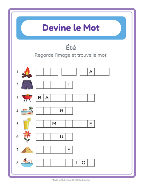 Aperçu de la fiche Devine Le Mot avec Été pour École maternelle (grande section, 5-7 ans)