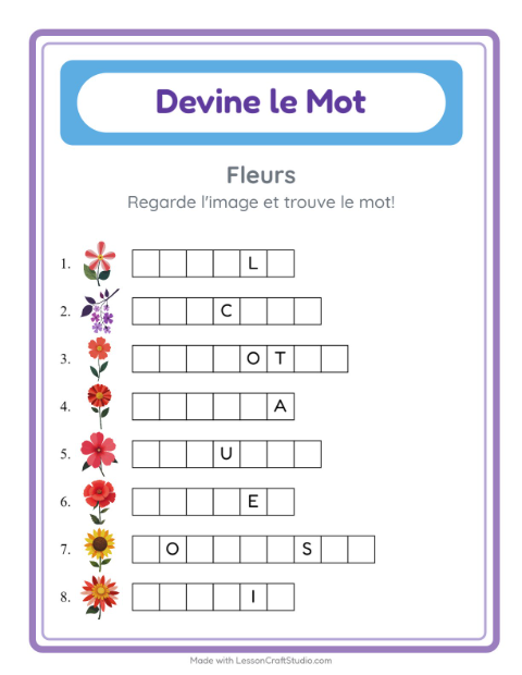 Aperçu de la fiche Devine Le Mot avec Fleurs pour École maternelle (grande section, 5-7 ans)