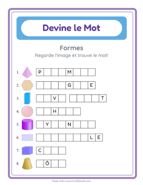 Aperçu de la fiche Devine Le Mot avec Formes pour École maternelle (grande section, 5-7 ans)