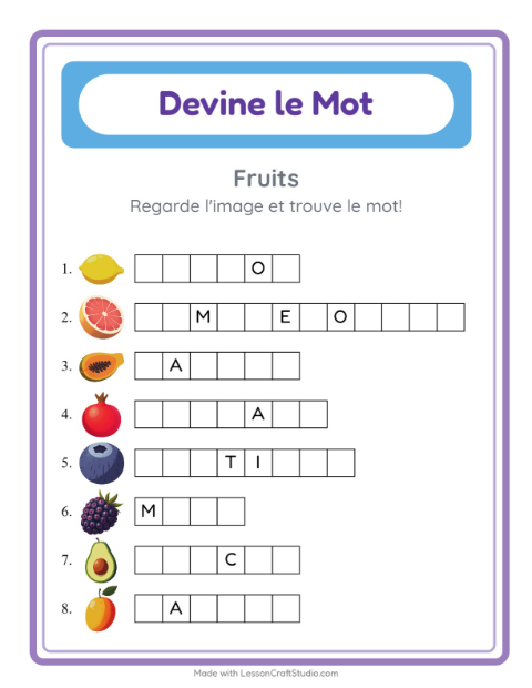 Aperçu de la fiche Devine Le Mot avec Fruits pour École maternelle (grande section, 5-7 ans)