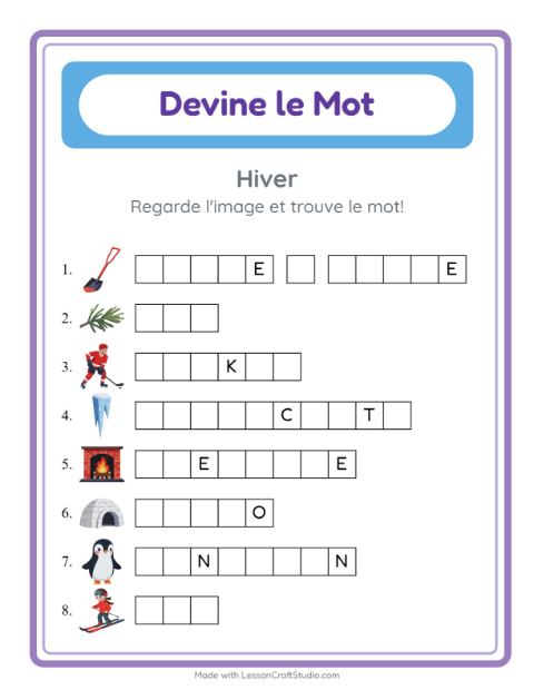 Aperçu de la fiche Devine Le Mot avec Hiver pour École maternelle (grande section, 5-7 ans)