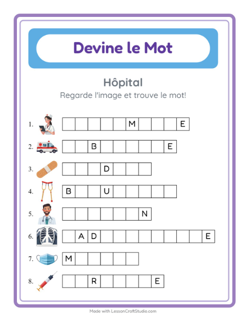 Aperçu de la fiche Devine Le Mot avec Hôpital pour École maternelle (grande section, 5-7 ans)