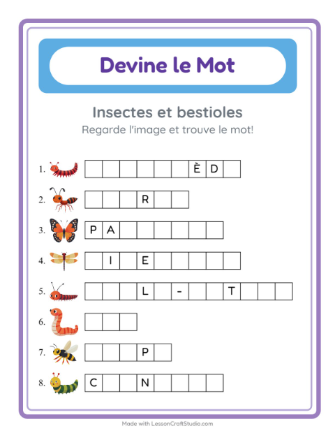 Aperçu de la fiche Devine Le Mot avec Insectes et bestioles pour École maternelle (grande section, 5-7 ans)