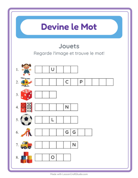 Aperçu de la fiche Devine Le Mot avec Jouets pour École maternelle (grande section, 5-7 ans)