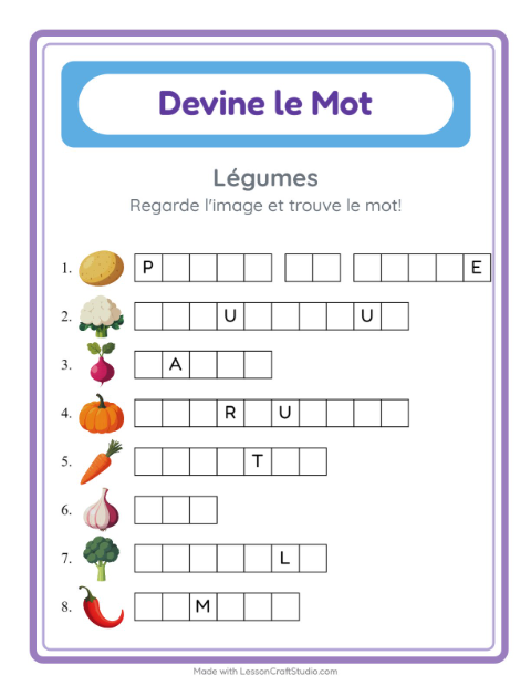 Aperçu de la fiche Devine Le Mot avec Légumes pour École maternelle (grande section, 5-7 ans)