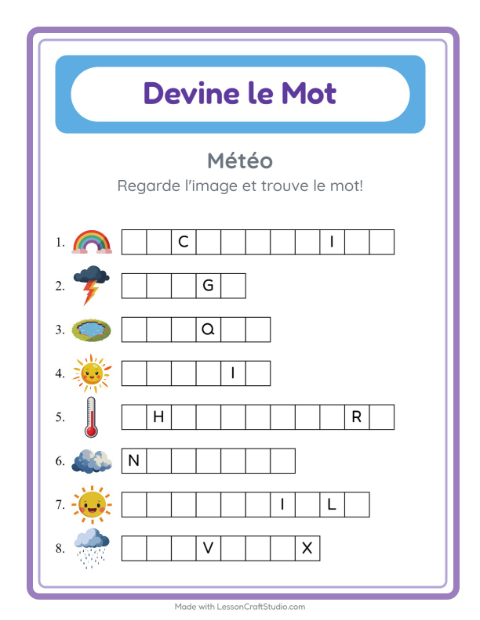 Aperçu de la fiche Devine Le Mot avec Météo pour École maternelle (grande section, 5-7 ans)
