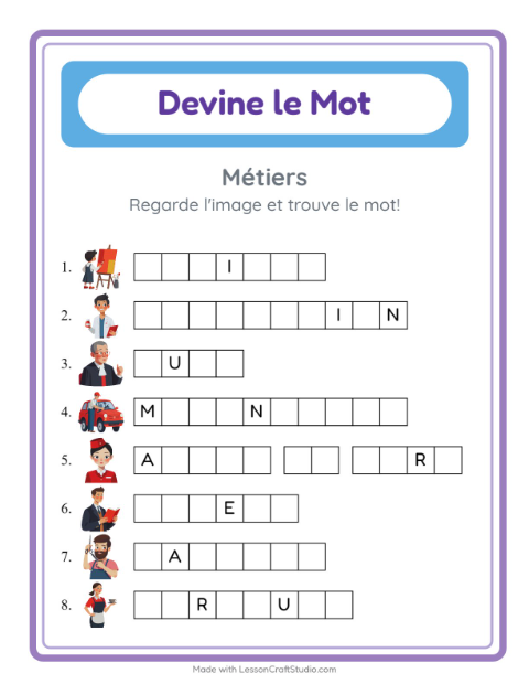 Aperçu de la fiche Devine Le Mot avec Métiers pour École maternelle (grande section, 5-7 ans)