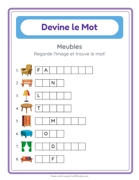 Aperçu de la fiche Devine Le Mot avec Meubles pour École maternelle (grande section, 5-7 ans)