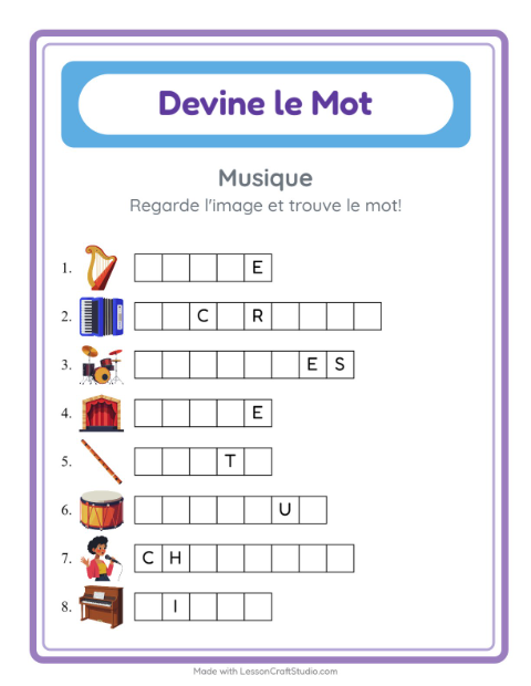 Aperçu de la fiche Devine Le Mot avec Musique pour École maternelle (grande section, 5-7 ans)