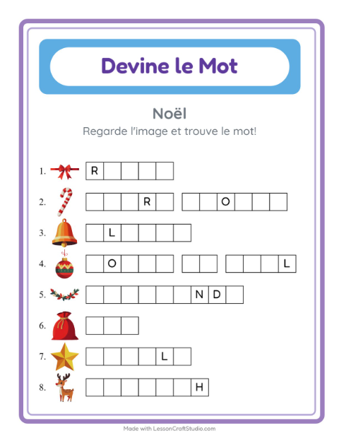 Aperçu de la fiche Devine Le Mot avec Noël pour École maternelle (grande section, 5-7 ans)
