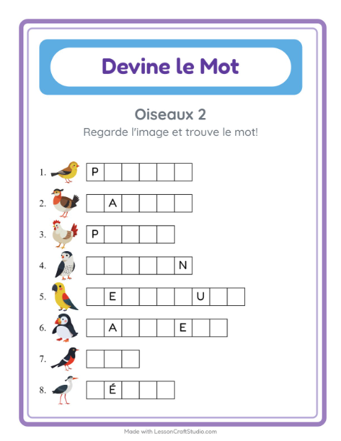 Aperçu de la fiche Devine Le Mot avec Oiseaux 2 pour École maternelle (grande section, 5-7 ans)