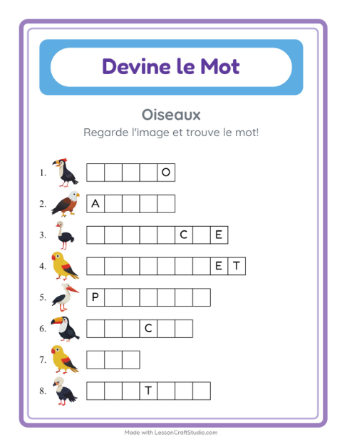 Aperçu de la fiche Devine Le Mot avec Oiseaux pour École maternelle (grande section, 5-7 ans)