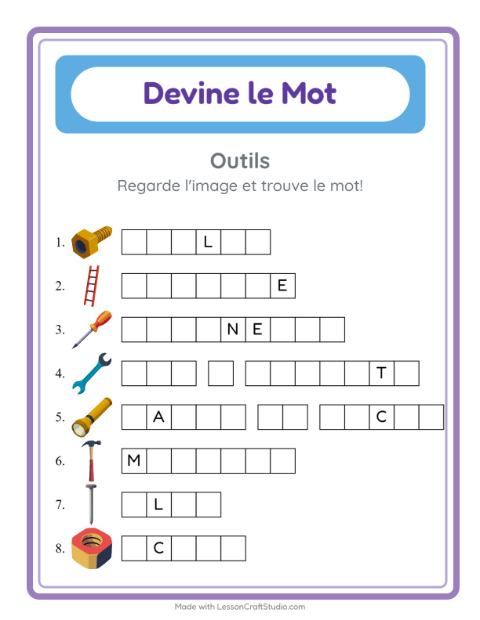 Aperçu de la fiche Devine Le Mot avec Outils pour École maternelle (grande section, 5-7 ans)