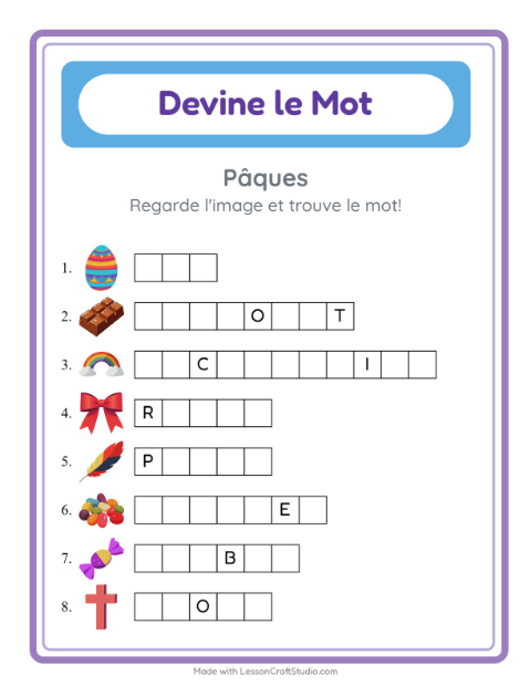 Aperçu de la fiche Devine Le Mot avec Pâques pour École maternelle (grande section, 5-7 ans)