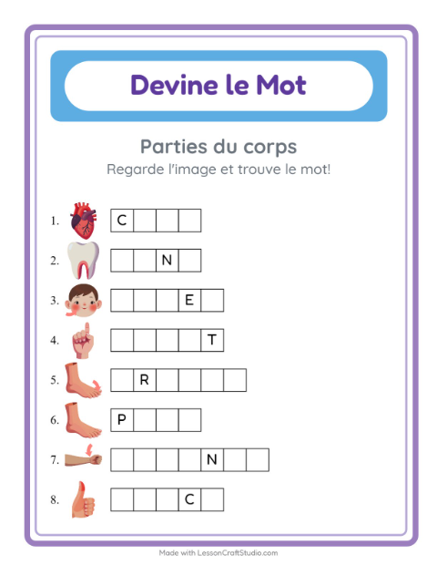 Aperçu de la fiche Devine Le Mot avec Parties du corps pour École maternelle (grande section, 5-7 ans)