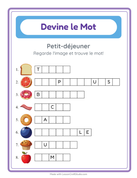 Aperçu de la fiche Devine Le Mot avec Petit-déjeuner pour École maternelle (grande section, 5-7 ans)