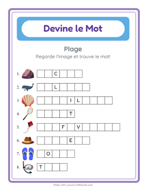 Aperçu de la fiche Devine Le Mot avec Plage pour École maternelle (grande section, 5-7 ans)